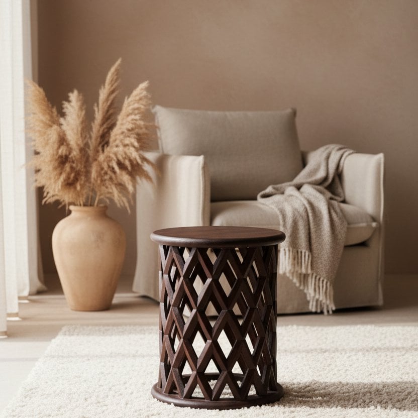 Bijzettafel hout kruk hout in bruin Palau in beige woonkamer op wollen vloerkleed