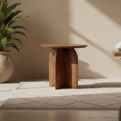 Bijzettafel hout rond naturel 50 cm Bullnose in beige hal op wollen tapijt