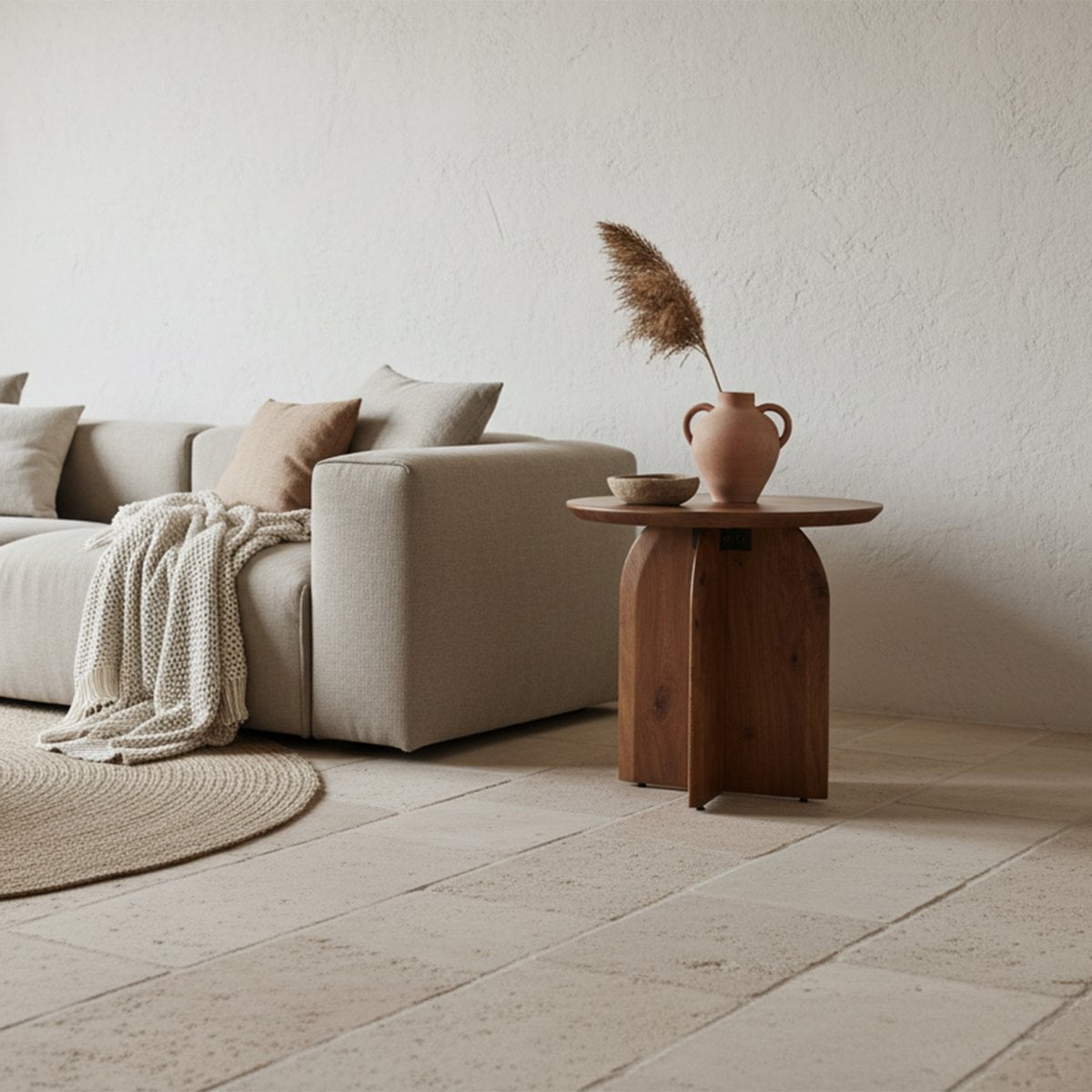 Bijzettafel hout rond naturel 50 cm Bullnose in beige woonkamer naast grijze bank en wollen tapijt
