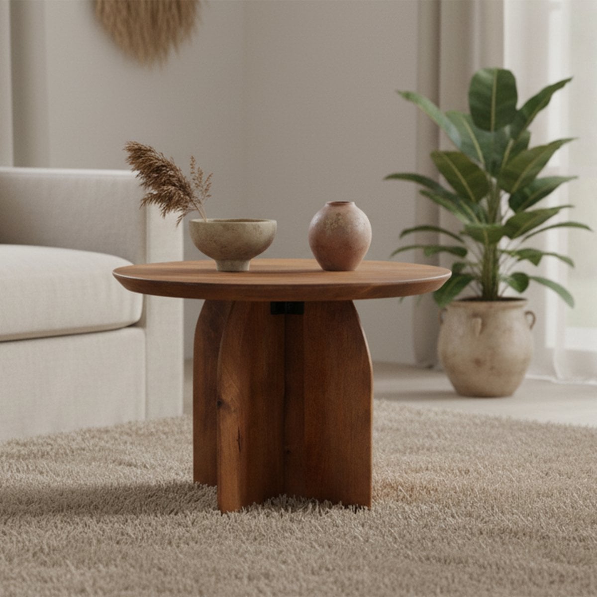 Bijzettafel hout rond naturel 55 cm Bullnose in een beige woonkamer met vazen en schalen met planten