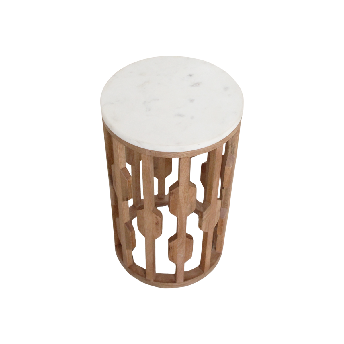 Bijzettafel marmer wit hout rond Atjeh schuin van boven