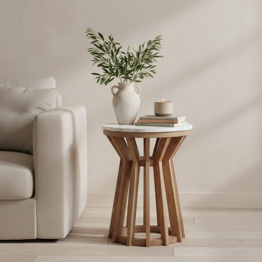 Bijzettafel marmer wit hout rond Sarawak in witte woonkamer met boeken erop en een witte vaas met groene planten