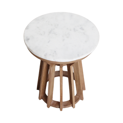 Bijzettafel marmer wit hout rond Sarawak schuin van boven