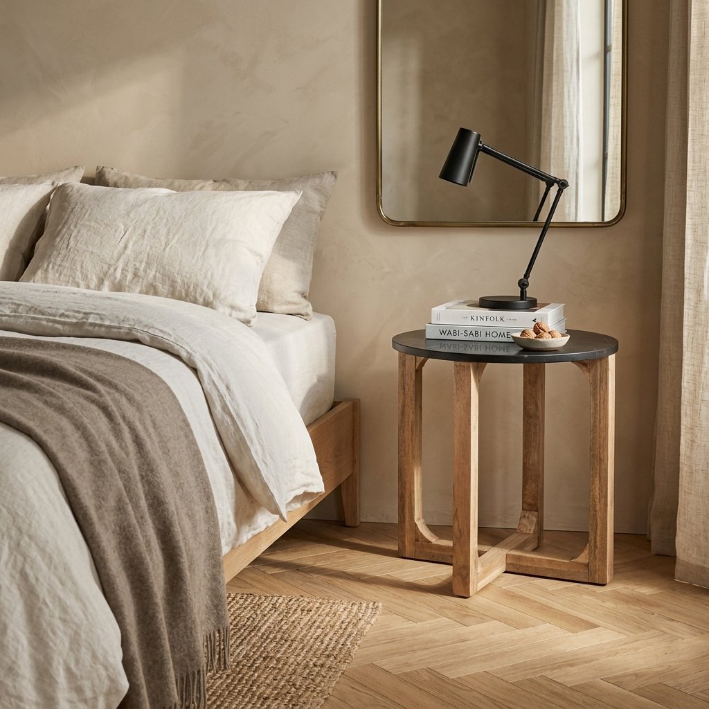 Bijzettafel marmer zwart hout rond 50x50 cm naast een bed met boeken, een schaaltje noten en zwarte lamp erop