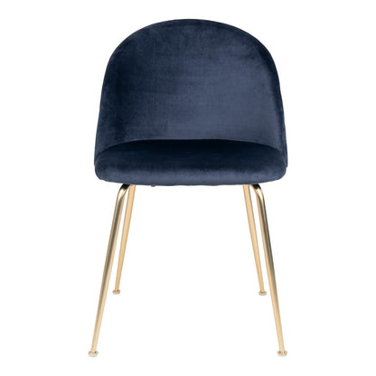 Blauwe fluwelen eetkamerstoel met goudkleurige metalen poten en een elegante afgeronde rugleuning. Een luxueuze en comfortabele stoel die perfect past in een modern of chic interieur.