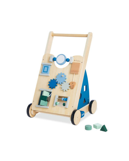 Houten loopwagen met activiteitenbord in blauw en naturel hout, voorzien van tandwielen, kralen en vormenstoof.