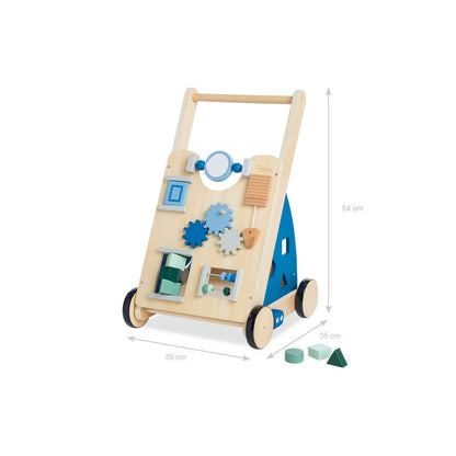 Educatieve houten loopwagen met opbergvak en interactieve speelonderdelen in blauwe tinten. Hier met afmetingen.