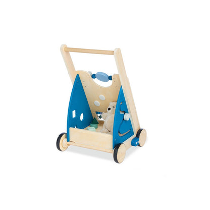 Educatieve houten loopwagen met opbergvak en interactieve speelonderdelen in blauwe tinten.