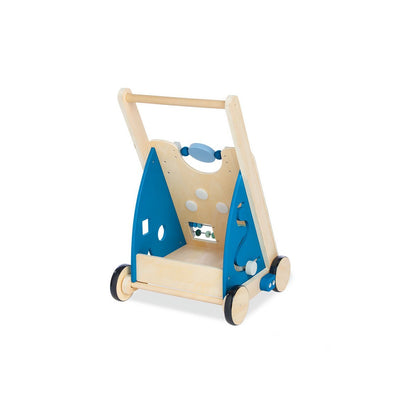 Educatieve houten loopwagen met opbergvak en interactieve speelonderdelen in blauwe tinten.