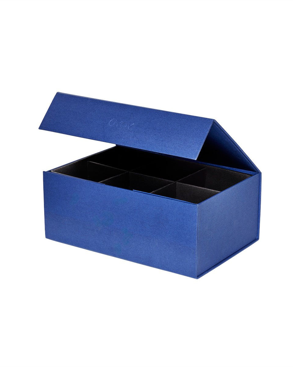 Blauwe opbergdoos met deksel en vakverdeling – stijlvolle kartonnen bewaardoos voor sieraden, accessoires of bureau-organisatie.