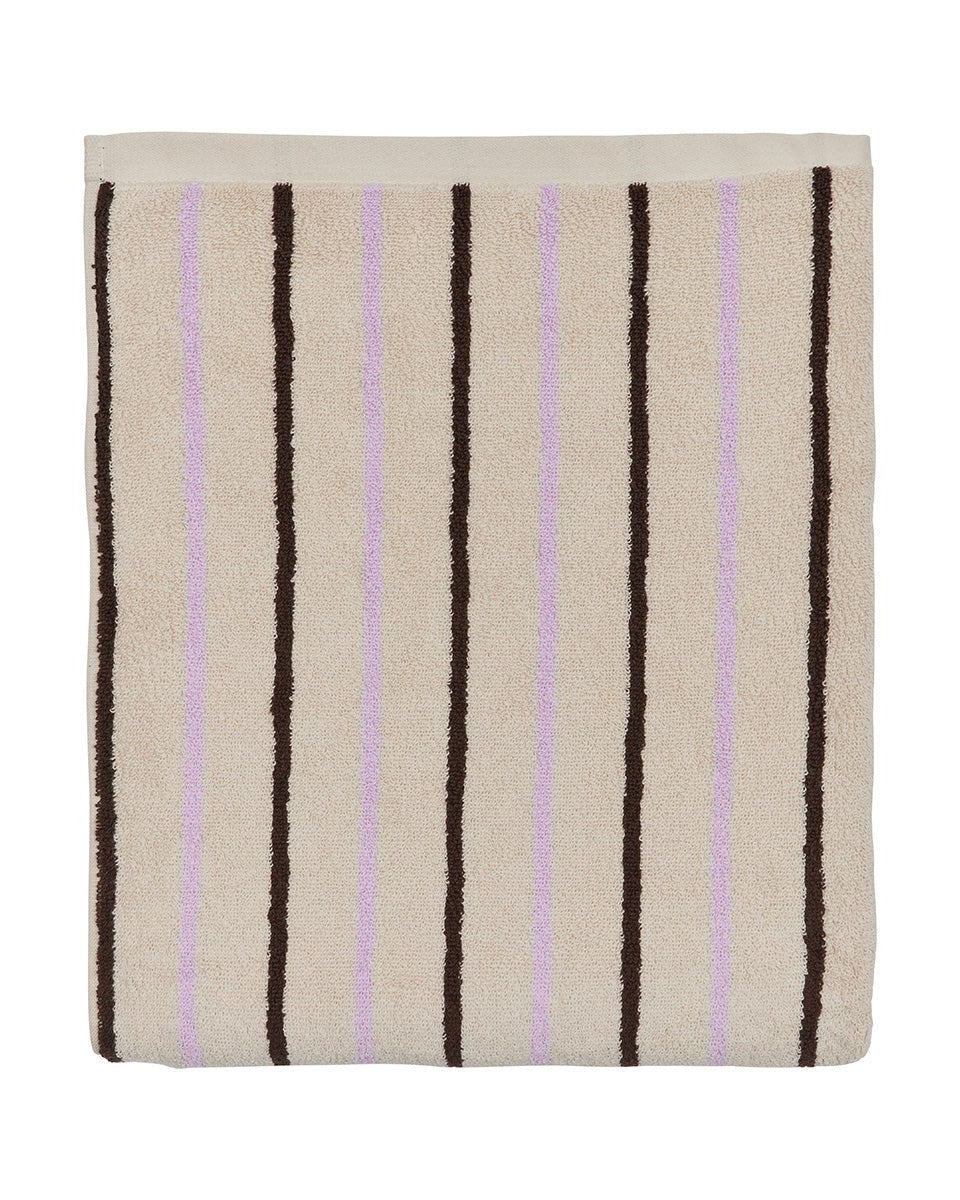 Gestreepte Raita handdoek paars klei bruin op witte achtergrond