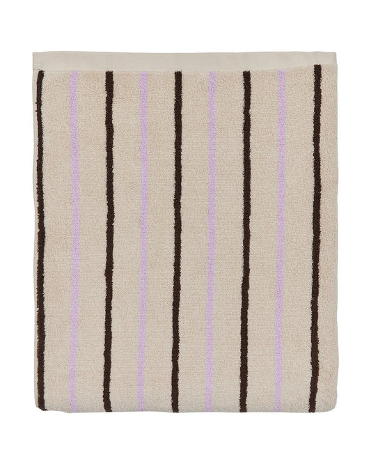 Gestreepte Raita handdoek paars klei bruin op witte achtergrond