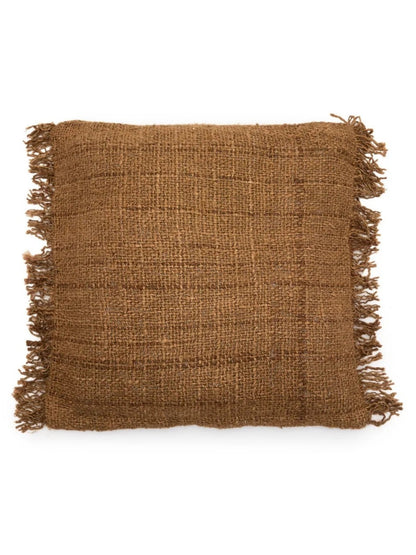 Bruine Oh My Gee kussenhoes van grof geweven katoen met franjes, formaat 60x60 cm