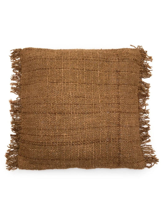 Bruine Oh My Gee kussenhoes van grof geweven katoen met franjes, formaat 60x60 cm