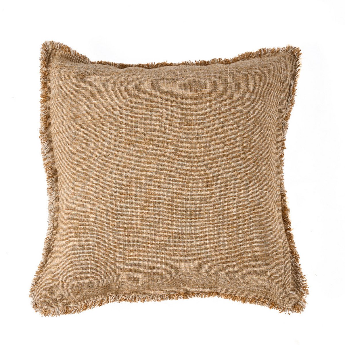 Bruine linnen kussenhoes Sahara Fringe 50 X 50 achterzijde op wit achtergrond