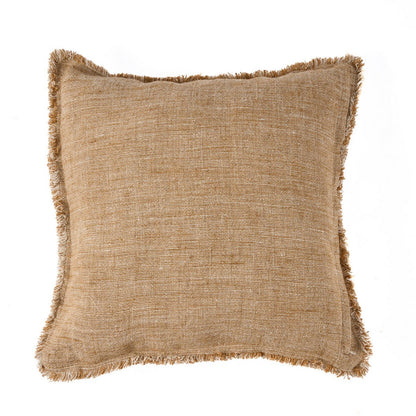 Bruine linnen kussenhoes Sahara Fringe 50 X 50 achterzijde op wit achtergrond