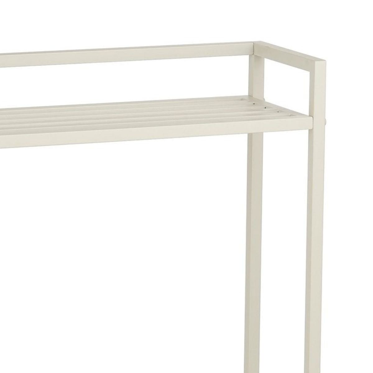 Detail van de bovenste plank van de metalen plantenstandaard op wielen gebroken wit 81 cm