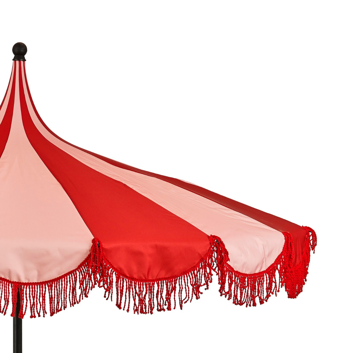 Detail van de franjes van de parasol rood gestreept met franjes 235 cm Kim