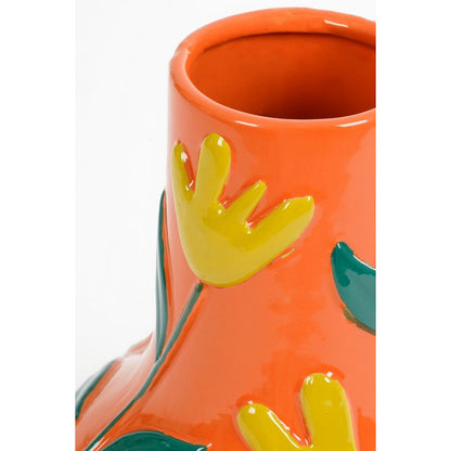 Detail van de keramieken vaas oranje met bloemmotief 30 cm Ava