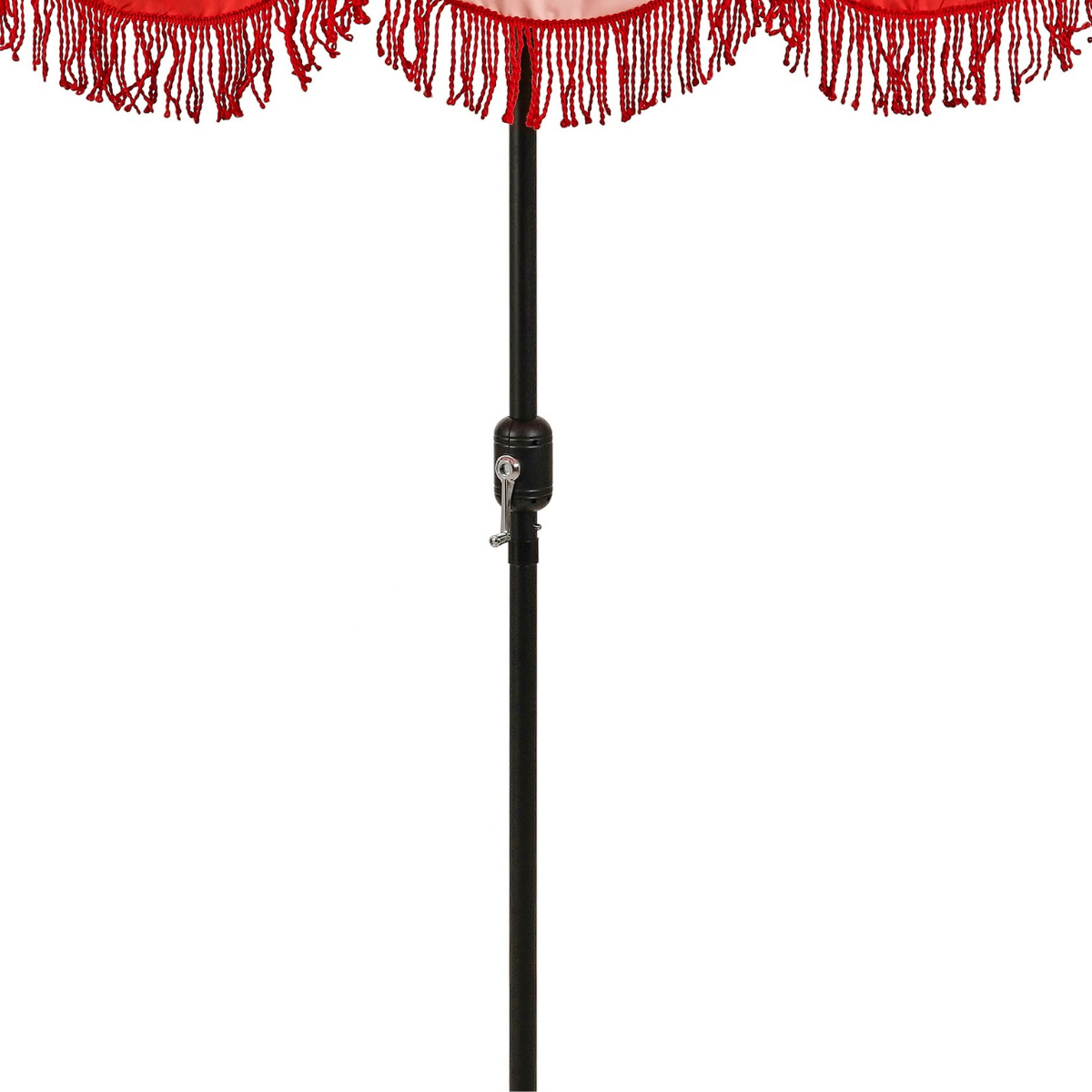 Detail van het handvat van de parasol rood gestreept met franjes 235 cm Kim