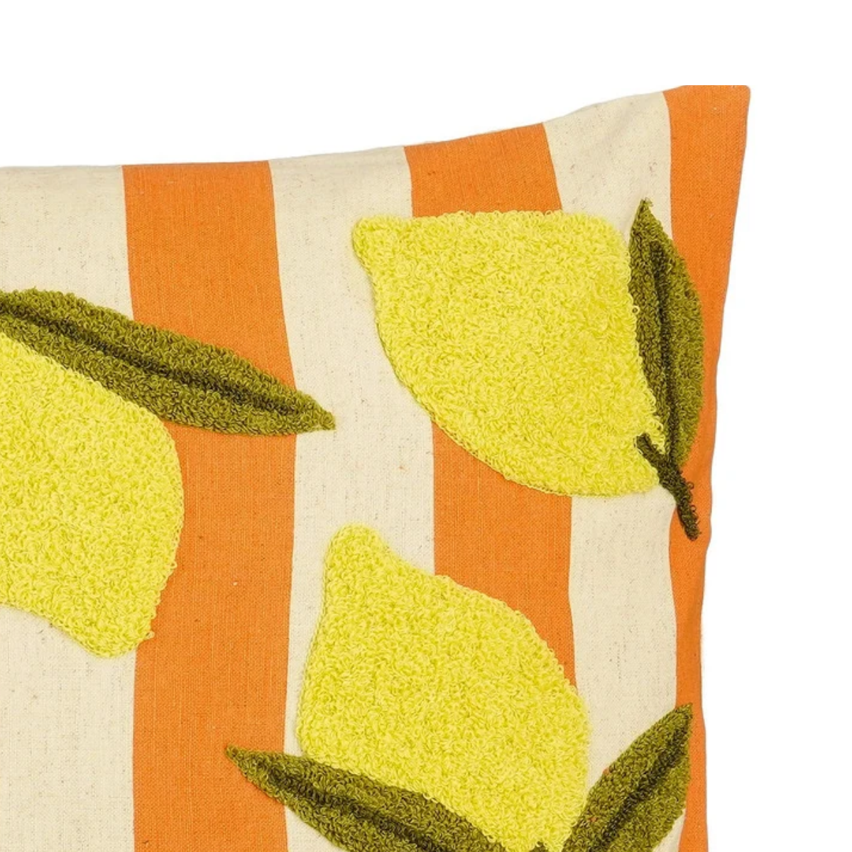 Detail van het katoenen sierkussen oranje met citroenenprint 45x45 cm
