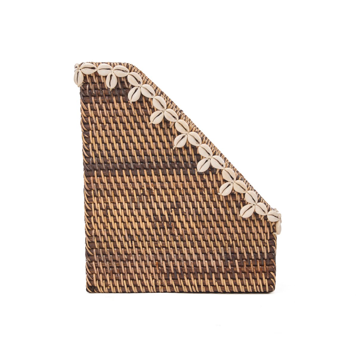 Detail van rotan weefsel en schelprand van organizer