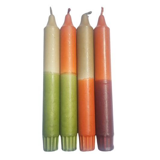 Duurzame kaarsen in warme kleuren olijfgroen, bordeauxrood, oranje en beige