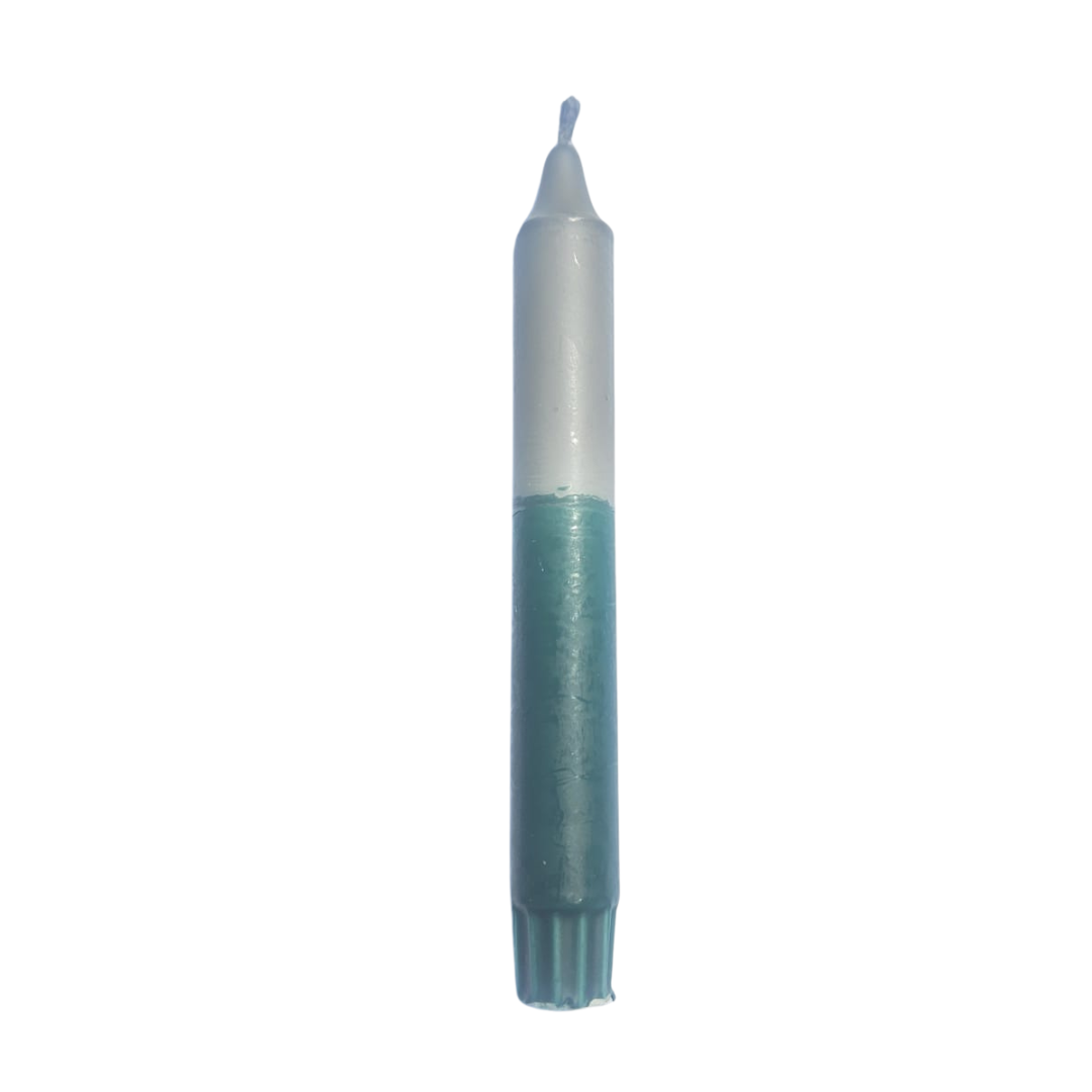 Dip dye kaars in petrol en grijs van Dippy, duurzame kaars.