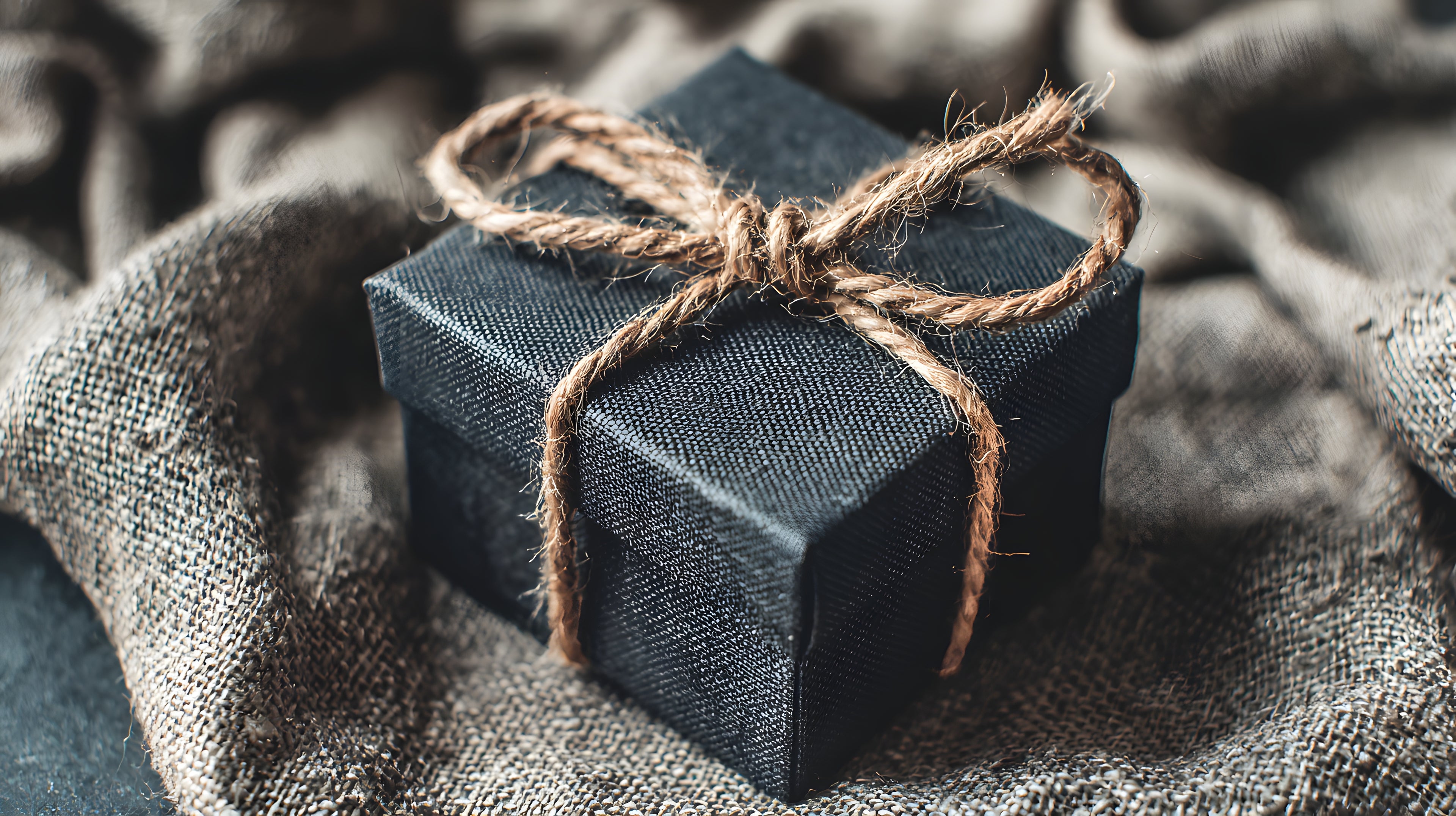 Duurzaam verpakt cadeau in donker linnen met touwstrik op linnen doek, inspiratie voor cadeautips, duurzame geschenken en natuurlijke woonaccessoires van Luben, met aandacht voor kleine en grote momenten van geven.