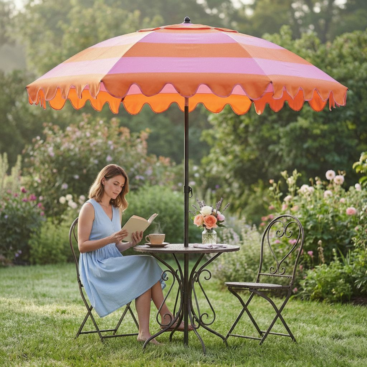 Een vrouw leest een boek aan een bistrotuinset onder de roze gestreepte parasol