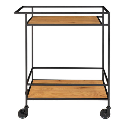 Minimalistisch beeld van de bartrolley met twee houten planken en vier wielen
