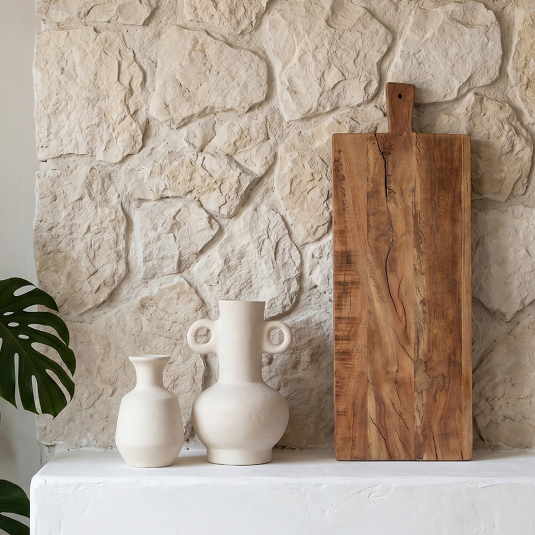 Farmwood houten borrelplank 60 cm op een witte aanrecht met stenen muur en keramieken vazen