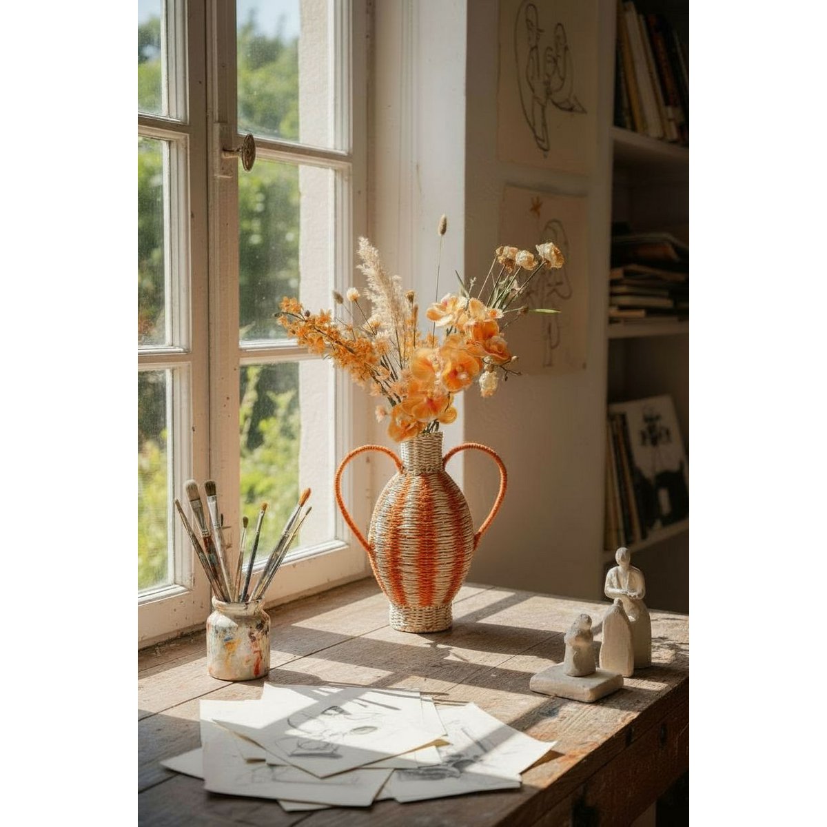 Gevlochten vaas in oranje en naturel op een tafel in een licht, natuurlijk interieur