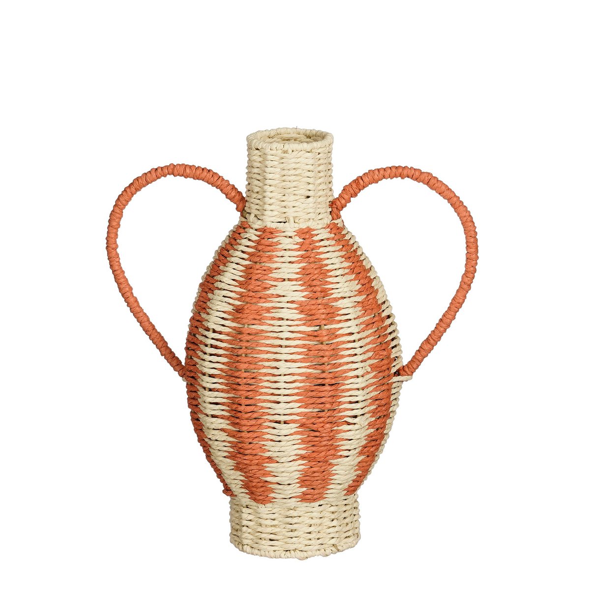 Gevlochten vaas met twee handvatten in oranje en naturel, Mica Decorations, vooraanzicht