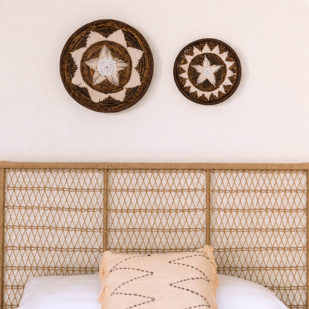 Geweven wanddecoratie donkerbruin Guma, boven een geweven bedframe met boho kussens