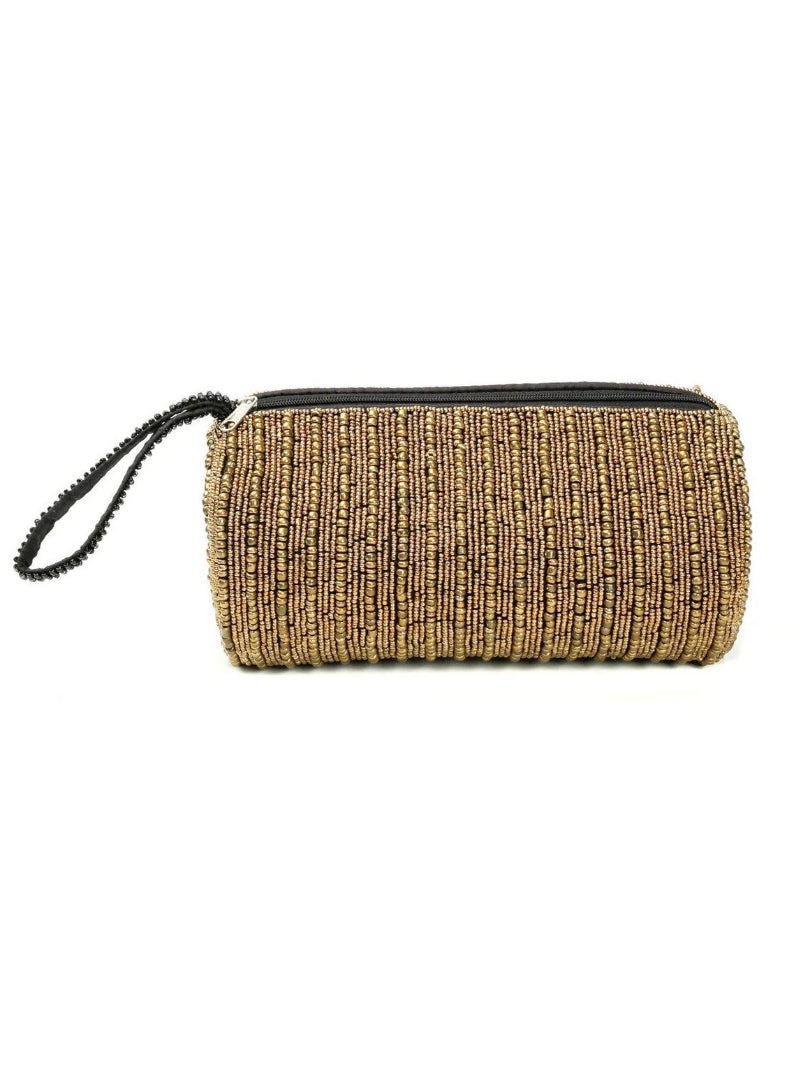 Gouden etui The Pencil Case op een wit achtergrond, gemaakt van gouden kralen