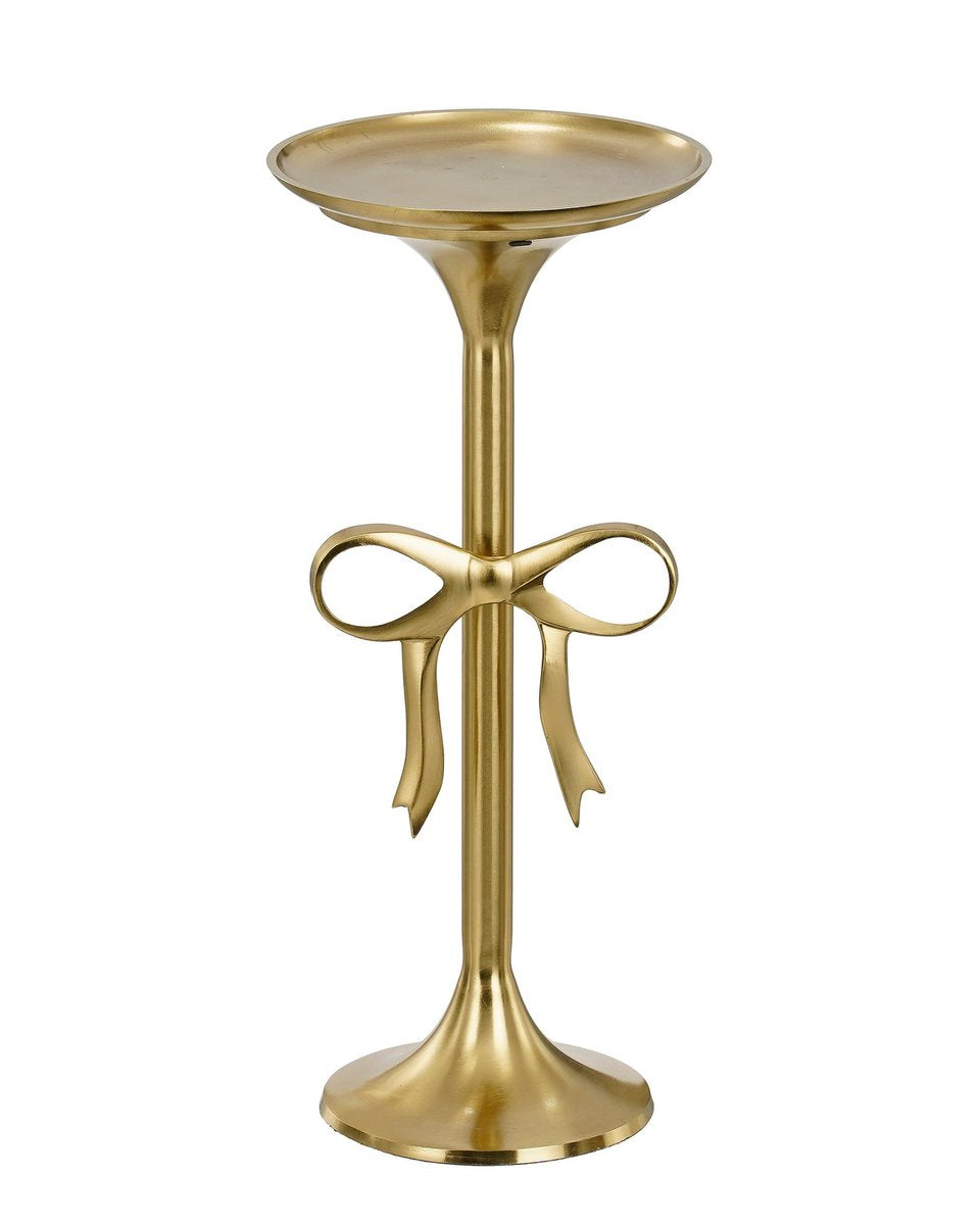 Gouden bijzettafel van aluminium met strikdetail, gezien van voren tegen witte achtergrond.