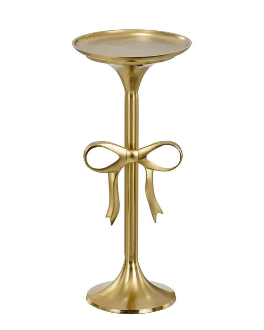 Gouden bijzettafel van aluminium met strikdetail, gezien van voren tegen witte achtergrond.