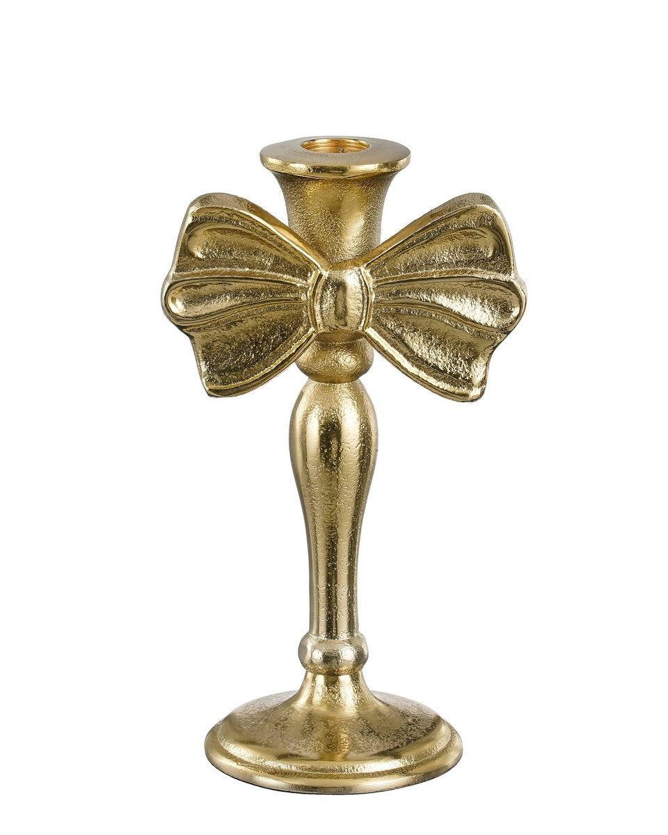 Goudkleurige kandelaar met strik van aluminium op witte achtergrond