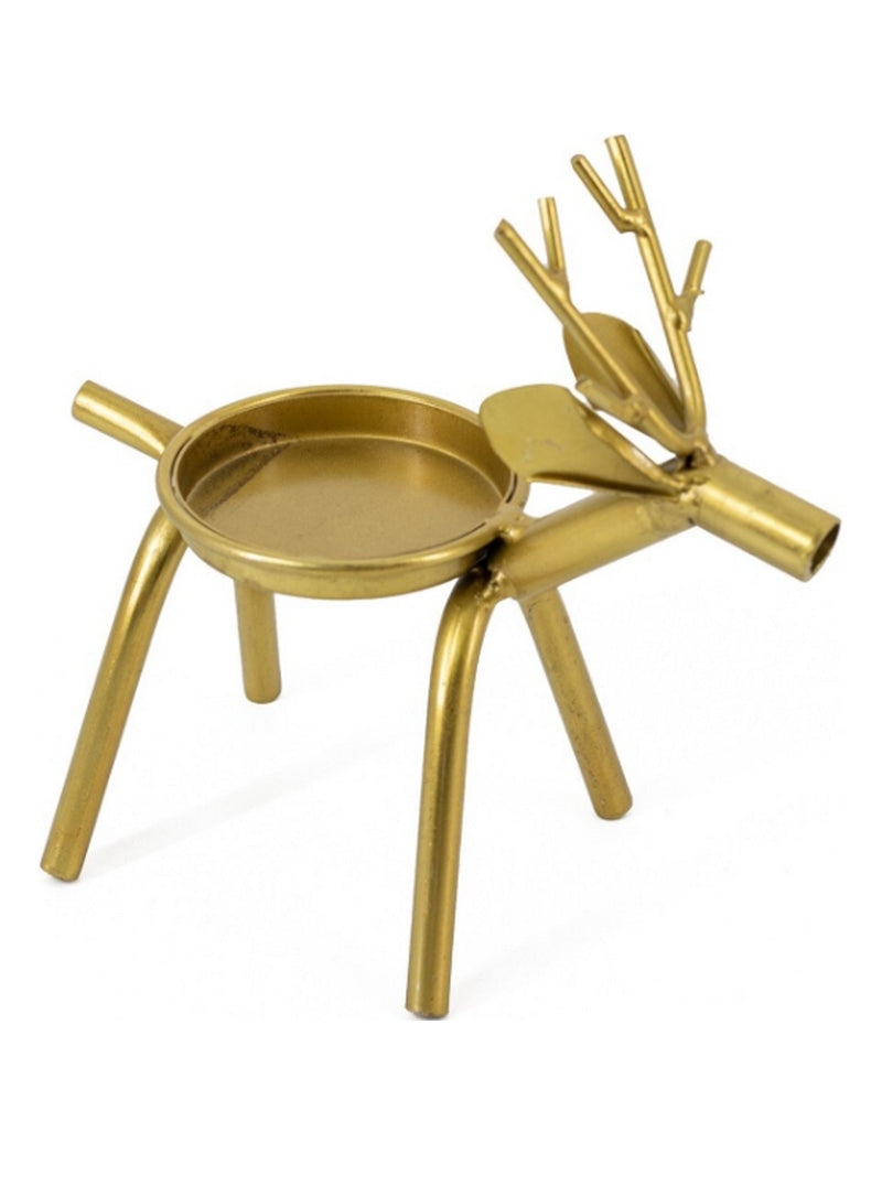 Gouden waxinelichthouder in de vorm van een hertje op witte achtergrond