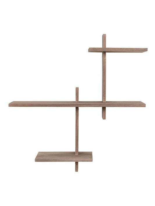 Grenenhouten wandplank met asymmetrisch ontwerp op witte achtergrond