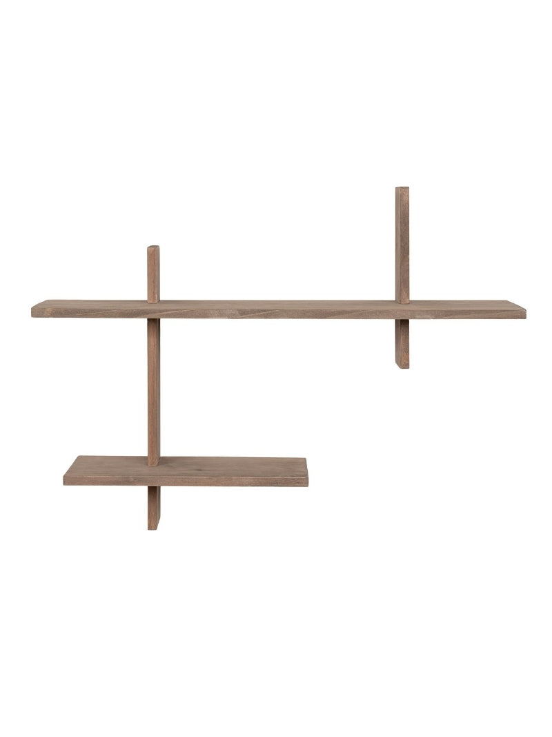 Grenenhouten wandplank 54x15x58 cm met asymmetrisch design aan witte muur