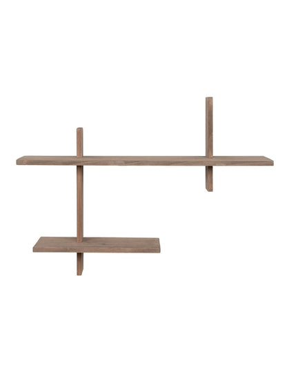 Grenenhouten wandplank 54x15x58 cm met asymmetrisch design aan witte muur