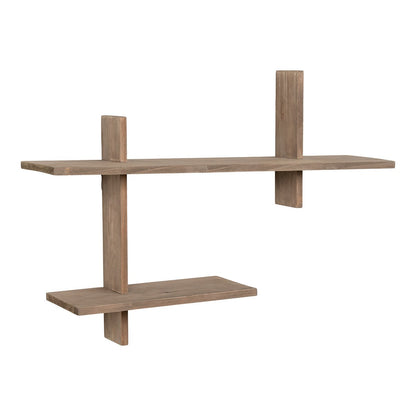 Grenenhouten wandplank 54x15x58 cm met asymmetrisch design aan witte muur zijaanzicht