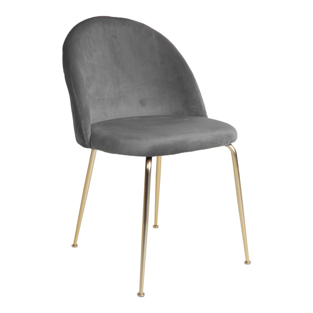 Grijze fluwelen eetkamerstoel met goudkleurige metalen poten, een elegante en moderne stoel die luxe en comfort combineert. Perfect voor een stijlvolle eethoek of als accentstoel in een chic interieur.