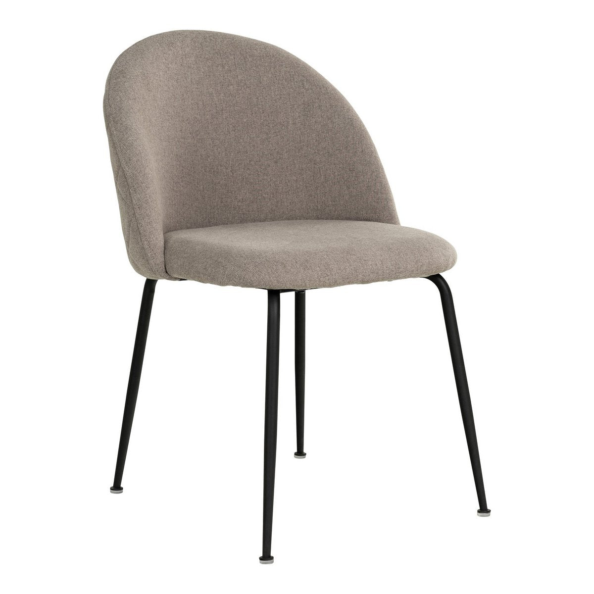 Grijze stoffen eetkamerstoel met zwarte metalen poten en een afgeronde rugleuning. Een moderne en comfortabele stol die perfect past in een eigentijds interieur of stijlvolle eethoek.