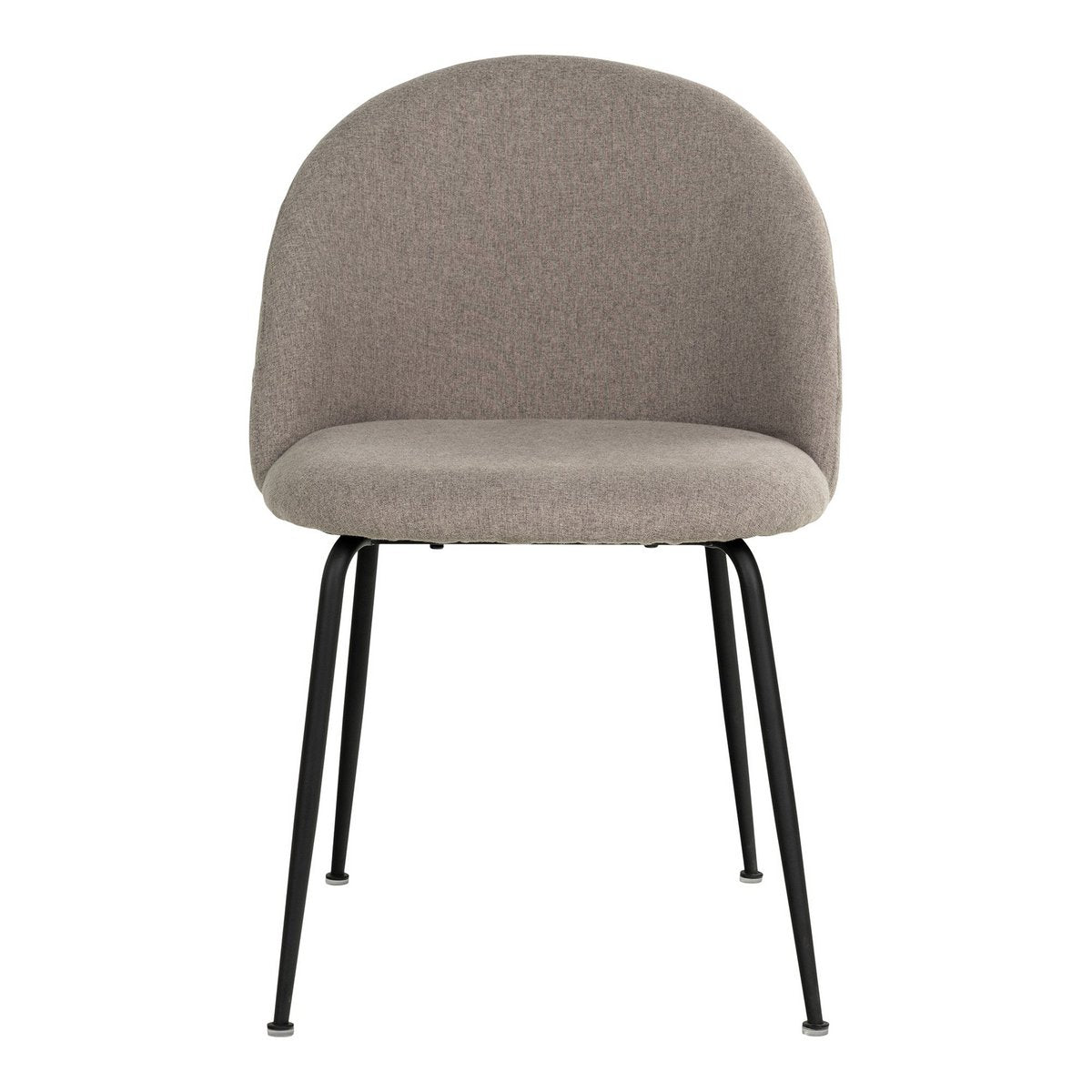 Grijze stoffen eetkamerstoel met zwarte metalen poten en een afgeronde rugleuning. Een moderne en comfortabele stol die perfect past in een eigentijds interieur of stijlvolle eethoek.