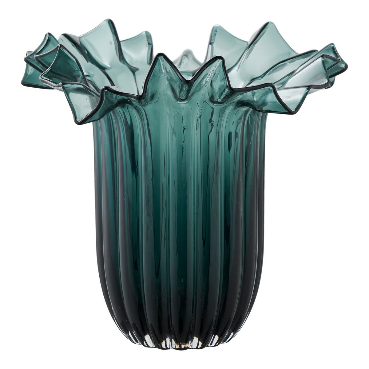 Groene glazen vaas met golvende rand en transparant glas