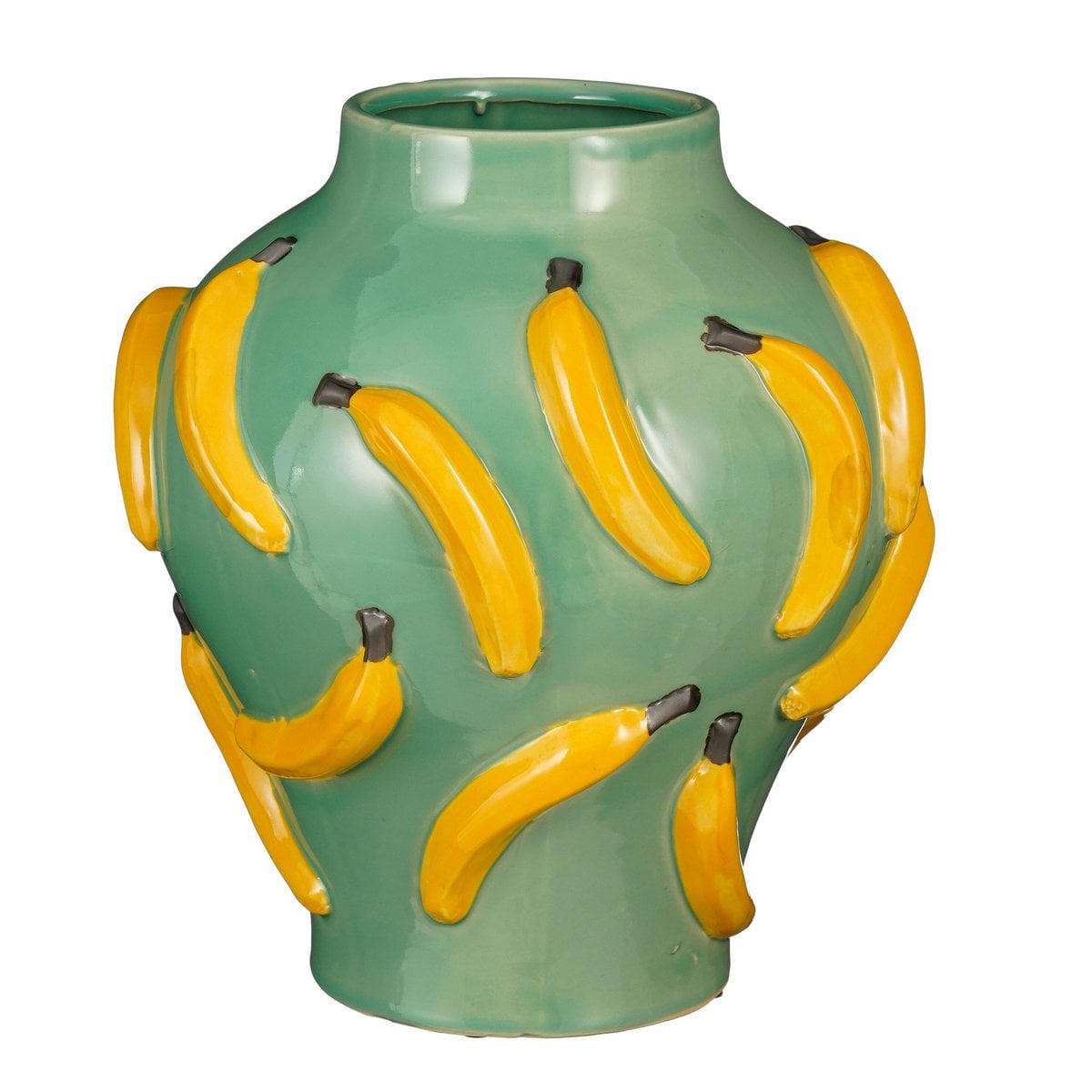 Groene keramieken vaas met bananenprint op wit achtergrond