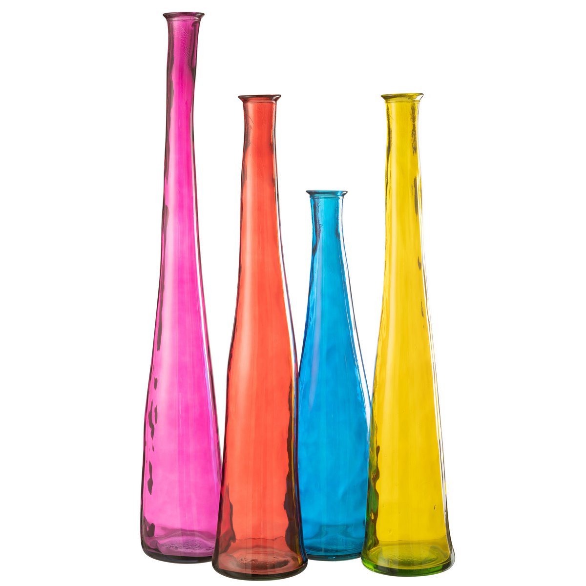 Hoge glazen vaas in roze, rood, blauw en geel — set van vier slanke vazen